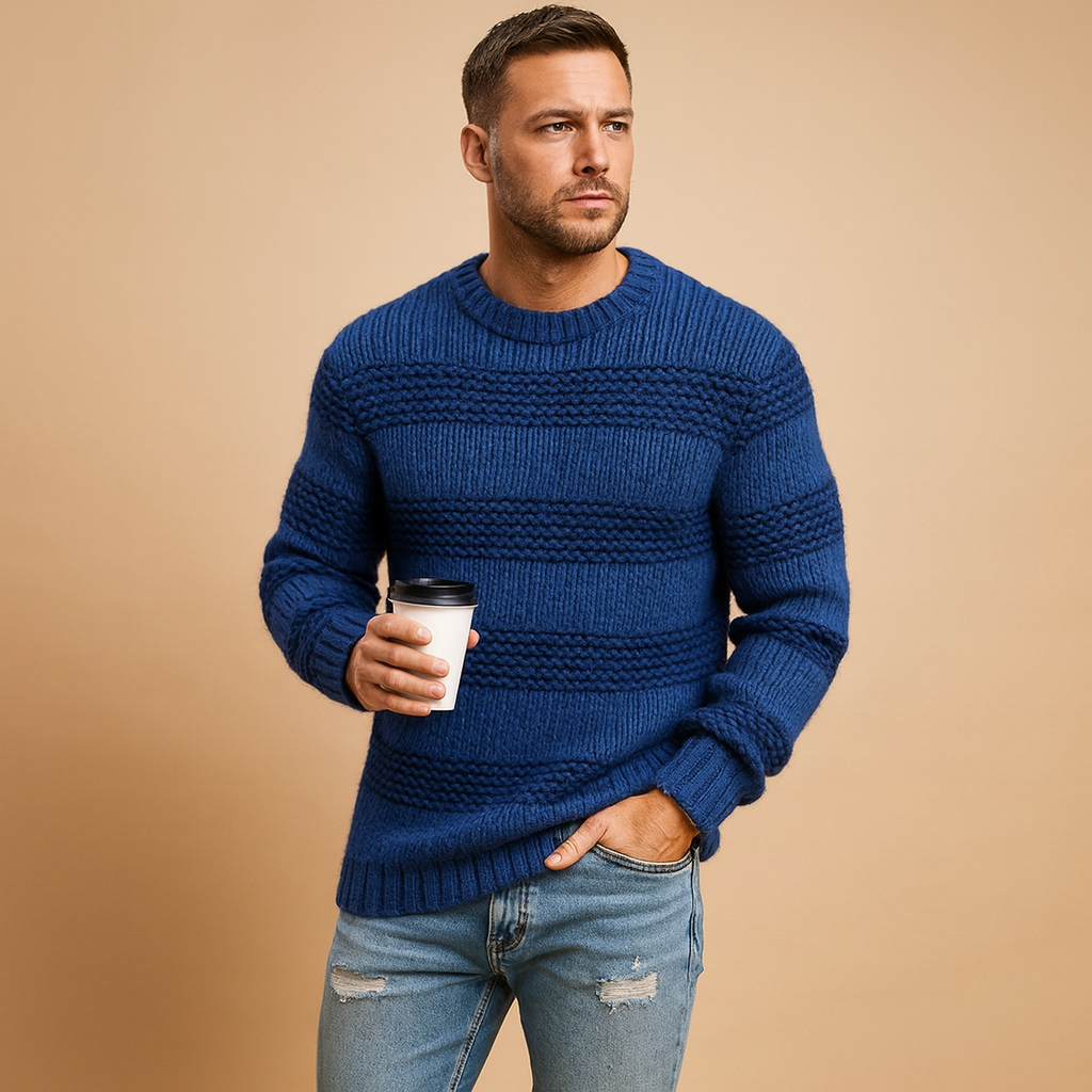 Men’s warm Norwegian knit sweater with chunky texture and classic Nordic details, perfect for autumn and winter casual or formal looks.