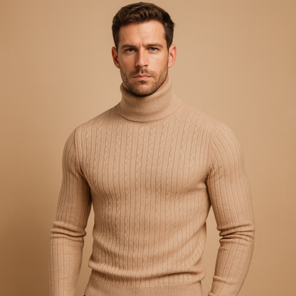 Men’s warm knitted turtleneck sweater in a classic winter design, offering comfort and style for everyday and formal wear.