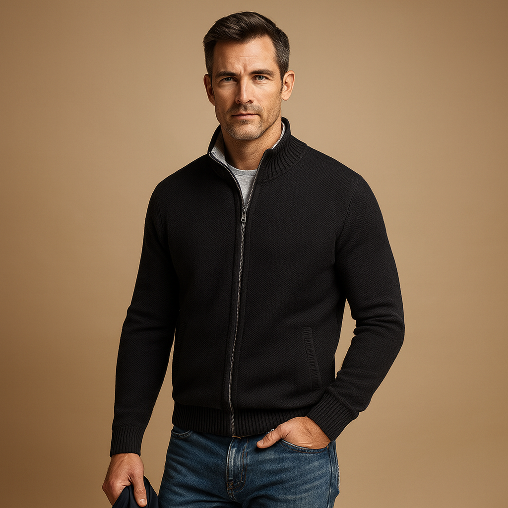 Men’s warm zip-up cardigan with modern design and soft fabric, ideal for autumn and winter casual or sporty outfits.