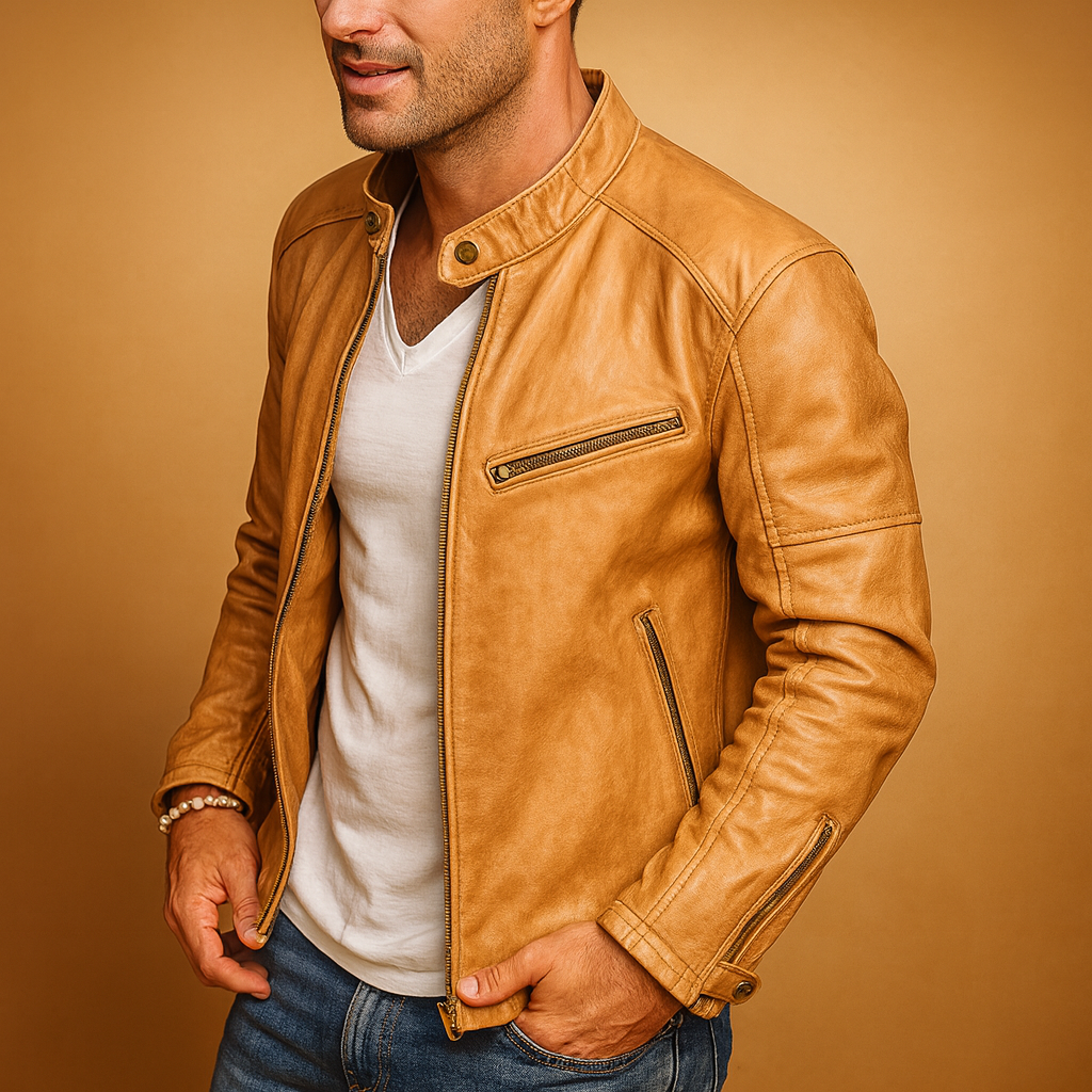 Men’s waterproof biker jacket with a zip closure and slim fit, suitable for daily wear, commuting, and city adventures in rainy weather.