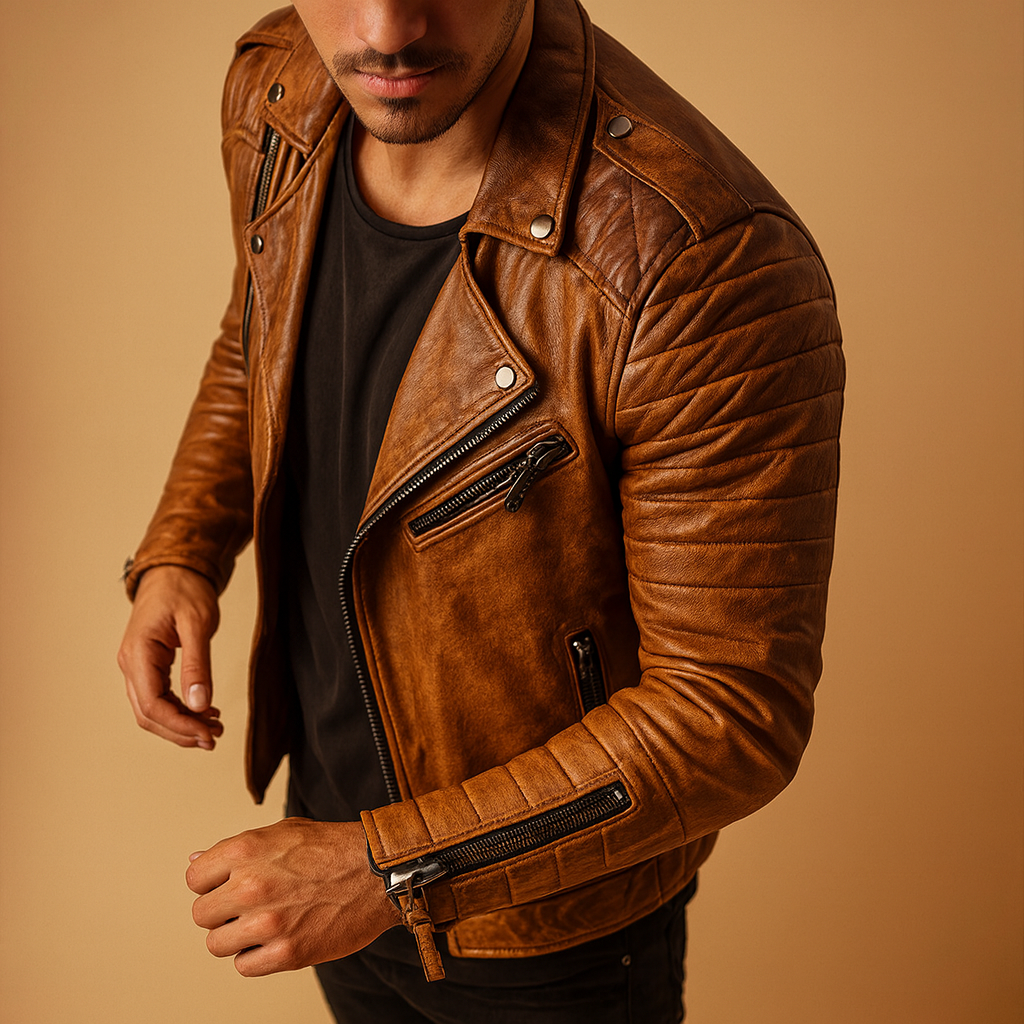 Men’s waterproof biker jacket with wind-resistant protection and soft inner lining, suitable for autumn, winter, and rainy weather.