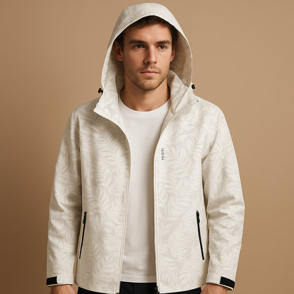 Men’s waterproof outdoor jacket with a breathable design, adjustable hood, zip pockets, and a subtle leaf pattern for daily wear and outdoor activities.