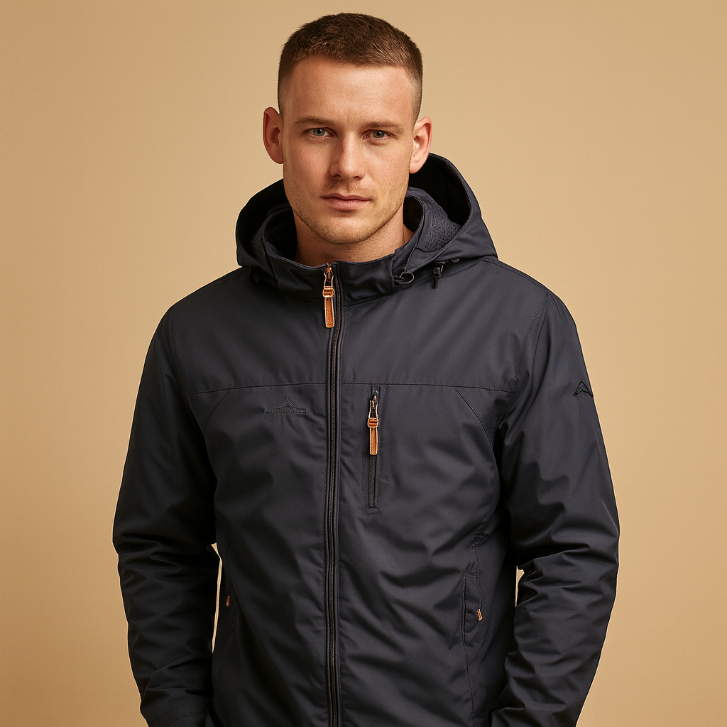 Men’s waterproof rain jacket with adjustable hood and breathable fabric, suitable for daily wear, city walks, and outdoor activities.