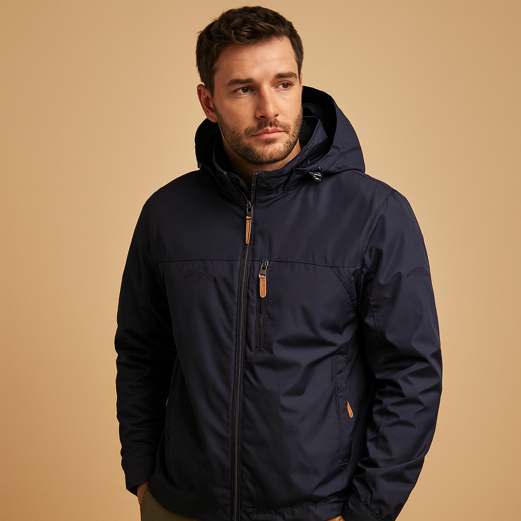 Men’s waterproof rain jacket with adjustable hood and breathable design, suitable for daily wear, city walks, and outdoor adventures.