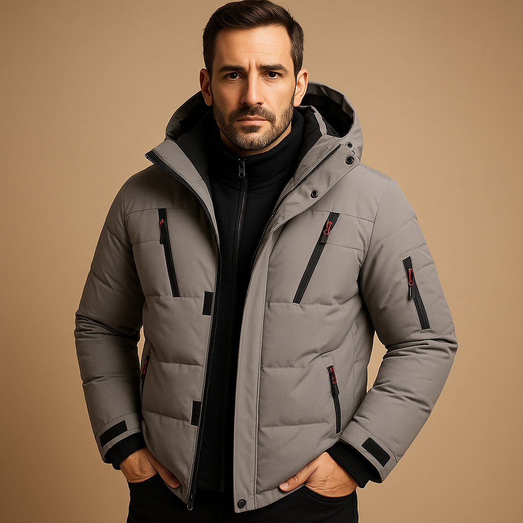 Men’s waterproof winter jacket with insulating lining, adjustable hood, and practical pockets, suitable for commuting, outdoor activities, and daily winter wear.
