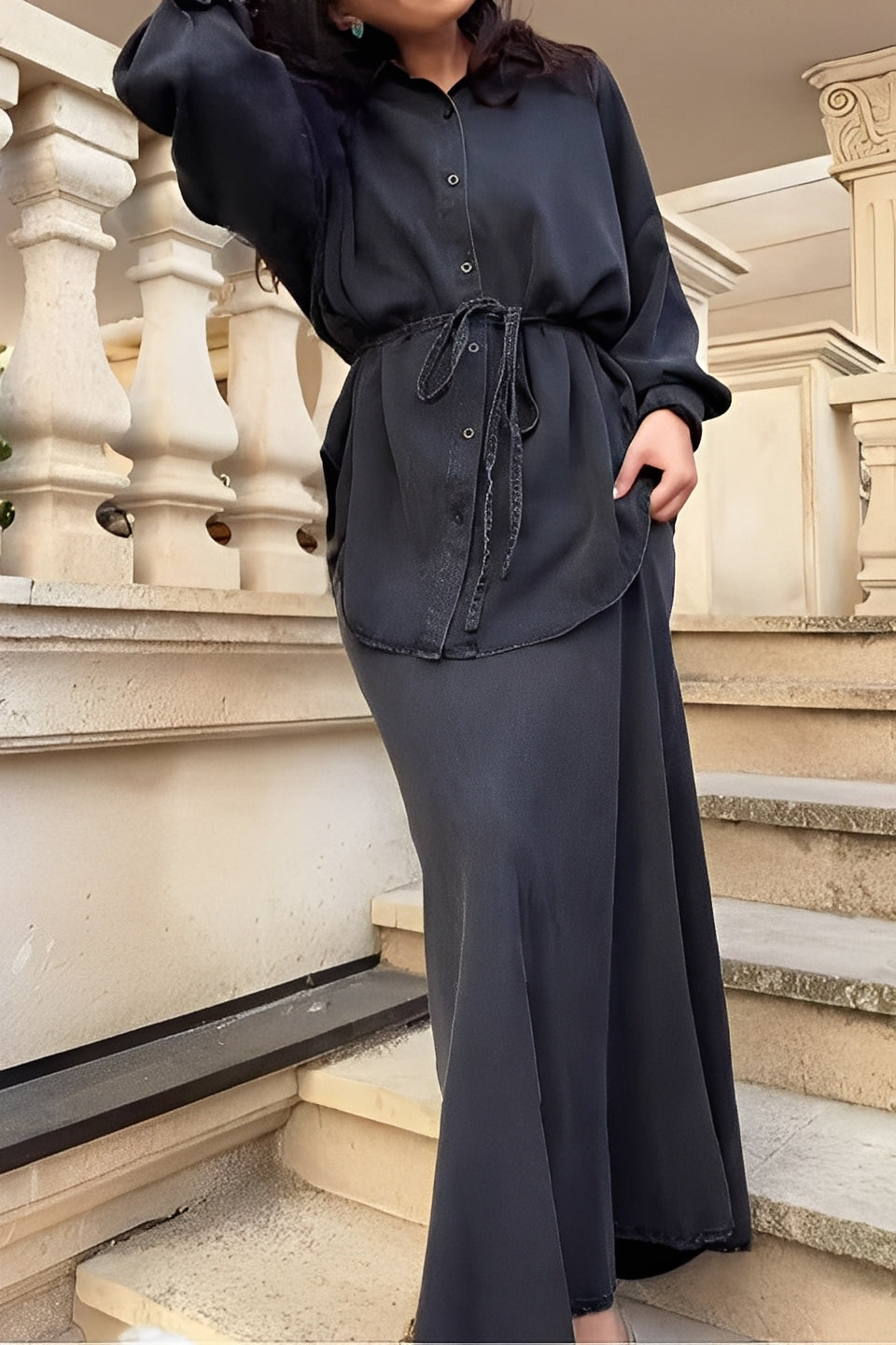 Casual Tie Waist Dress Outfit Set