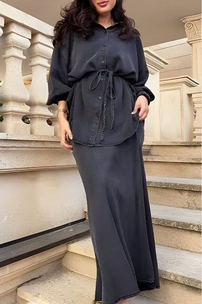 Women's Two Piece Maxi Skirt Set Collared Neckline - VibreMode