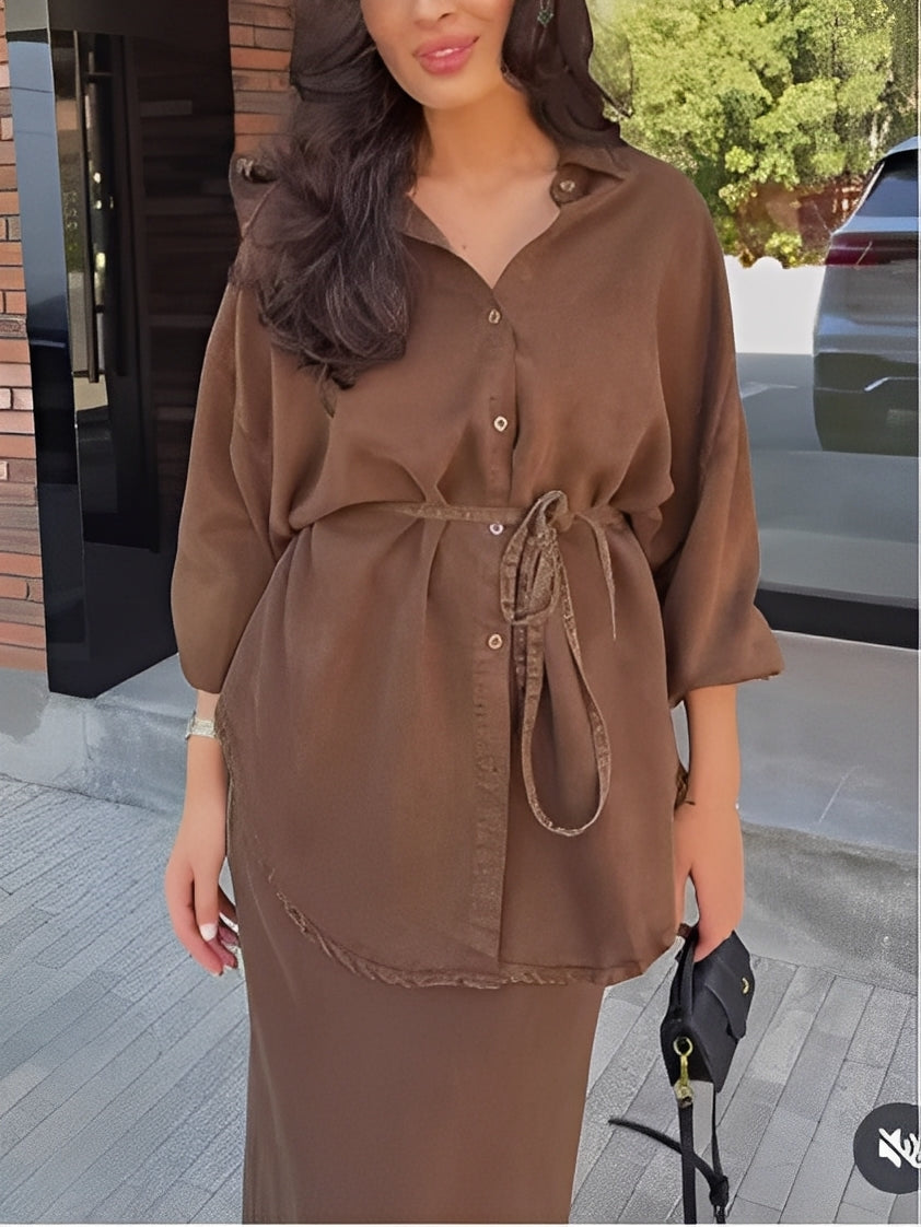 Casual Tie Waist Dress Outfit Set