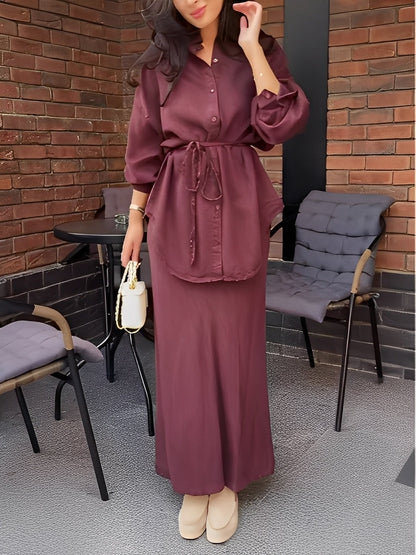 Casual Tie Waist Dress Outfit Set