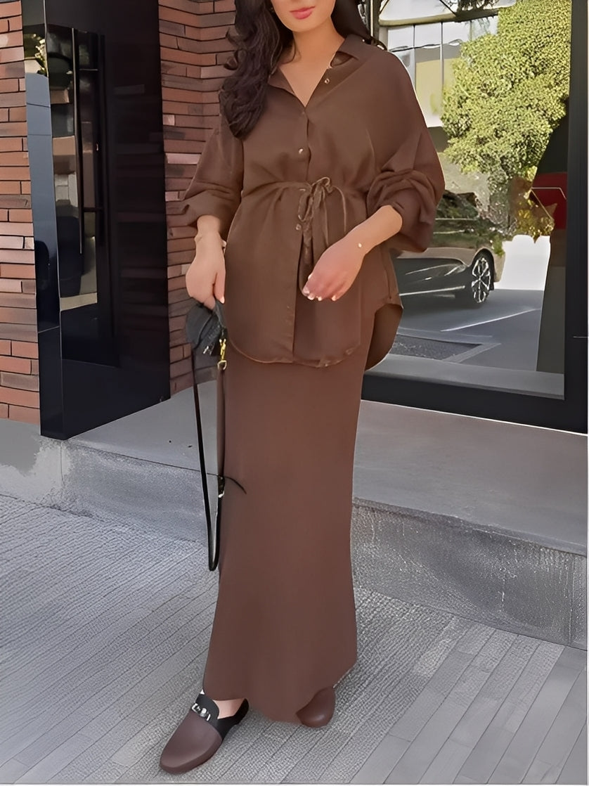Women's Two Piece Maxi Skirt Set Collared Neckline