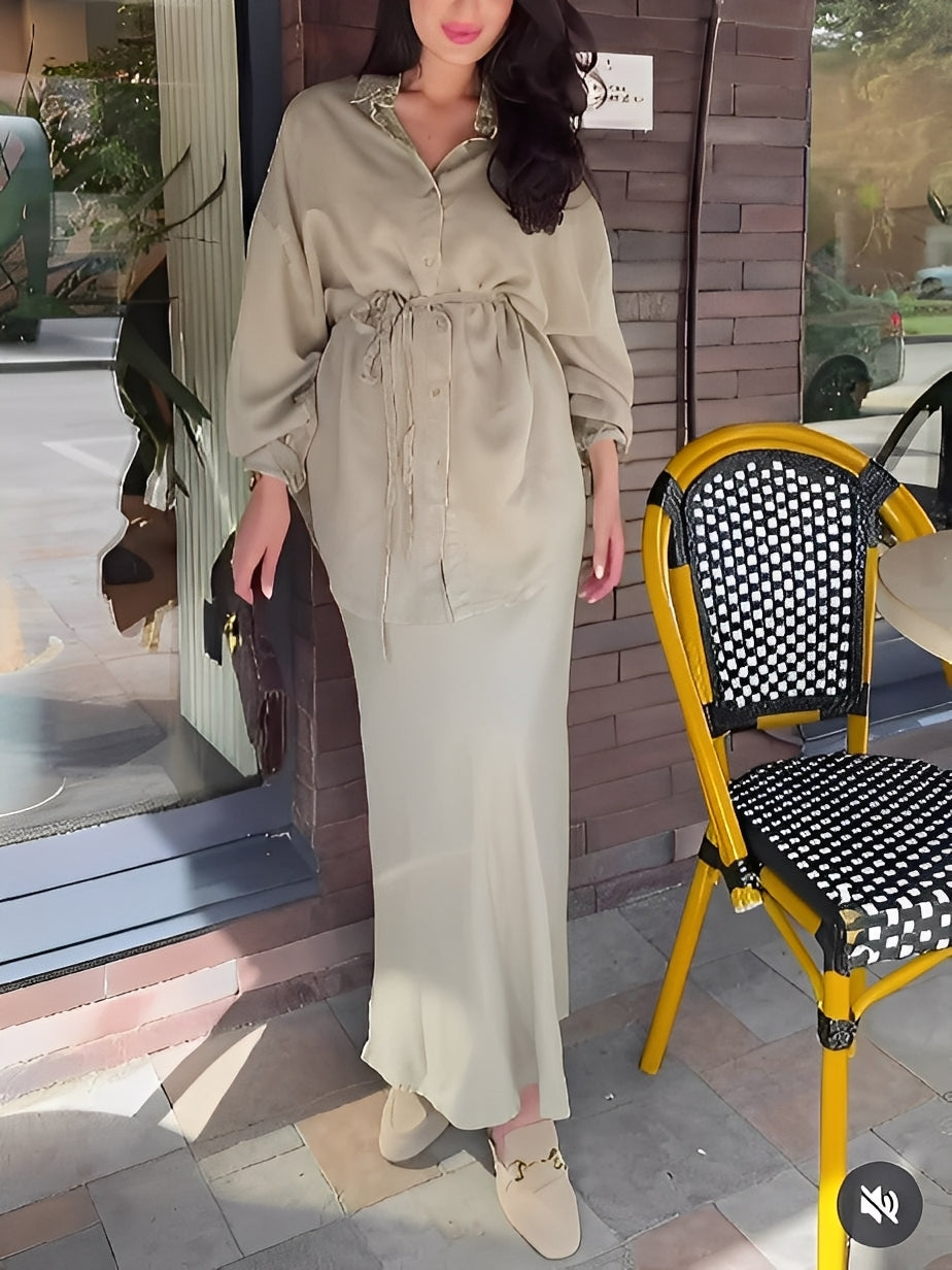 Casual Tie Waist Dress Outfit Set