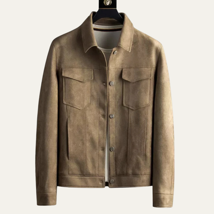 Men's Suede Button Up Jacket Retro Style Brown