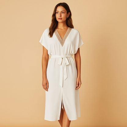 Classic V Neck Mini Dress for Ladies - VibreMode