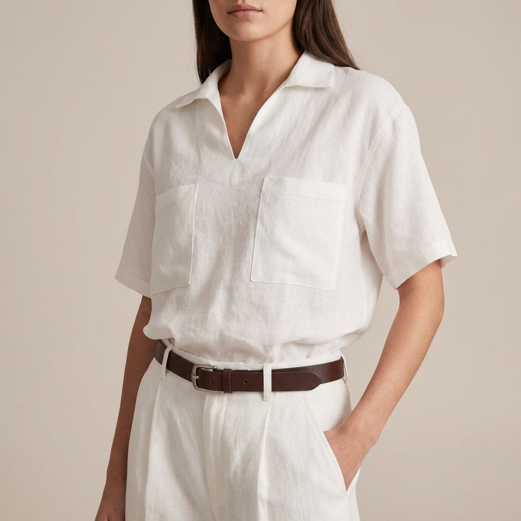 Relaxed Fit V-Neck Casual Shirt with Patch Pockets - VibreMode