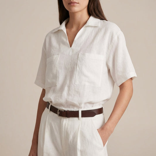 Relaxed Fit V-Neck Casual Shirt with Patch Pockets - VibreMode