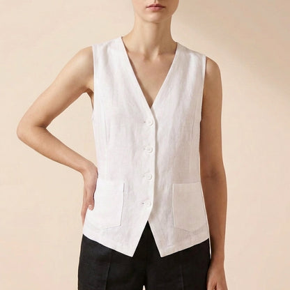 Women's Relaxed Fit Vest Cotton Contrast Trim Patch Pockets
