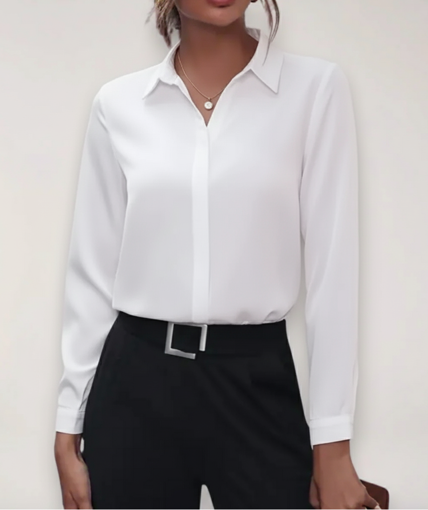 Women's Long Sleeve Blouse Cotton Concealed Buttons White - VibreMode