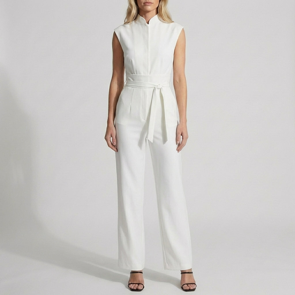 Women's Wide Leg Jumpsuit Ankle Length Mock Neck Beige