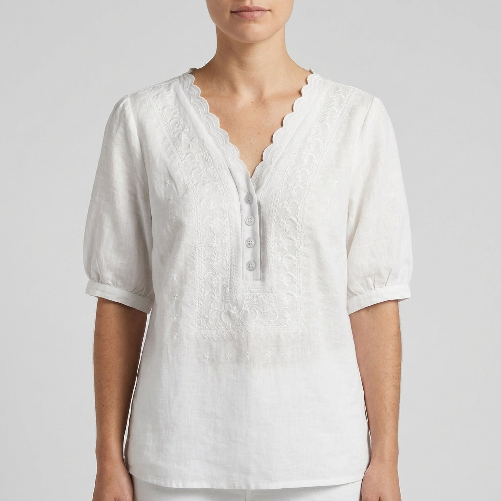 Chloe Women's Relaxed V-Neck Blouse Embroidered White
