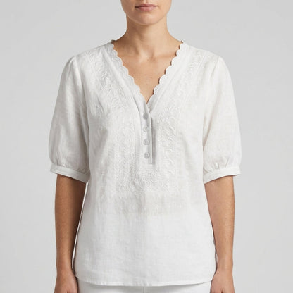 Chloe Women's Relaxed V-Neck Blouse Embroidered White