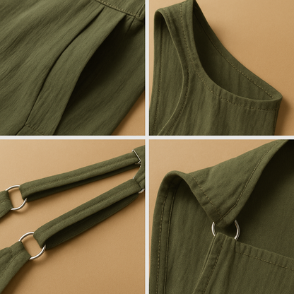 Woman wearing a loose wide-leg cotton-linen jumpsuit in a summer setting, perfect for warm days, casual outings, and relaxed moments.