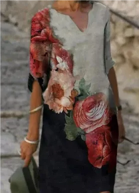 Elegant Floral V Neck Summer Dress