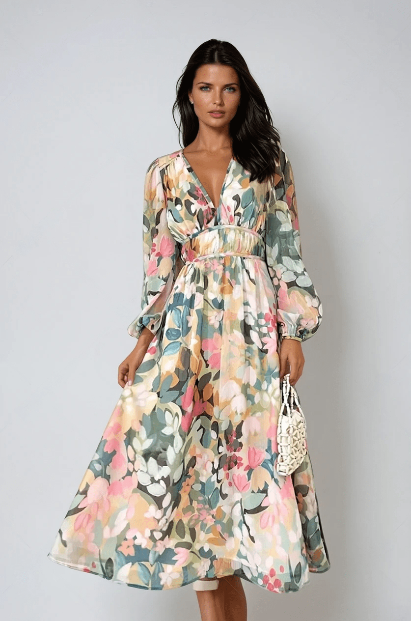 Women's Floral V-Neck Long Sleeve Midi Dress - VibreMode