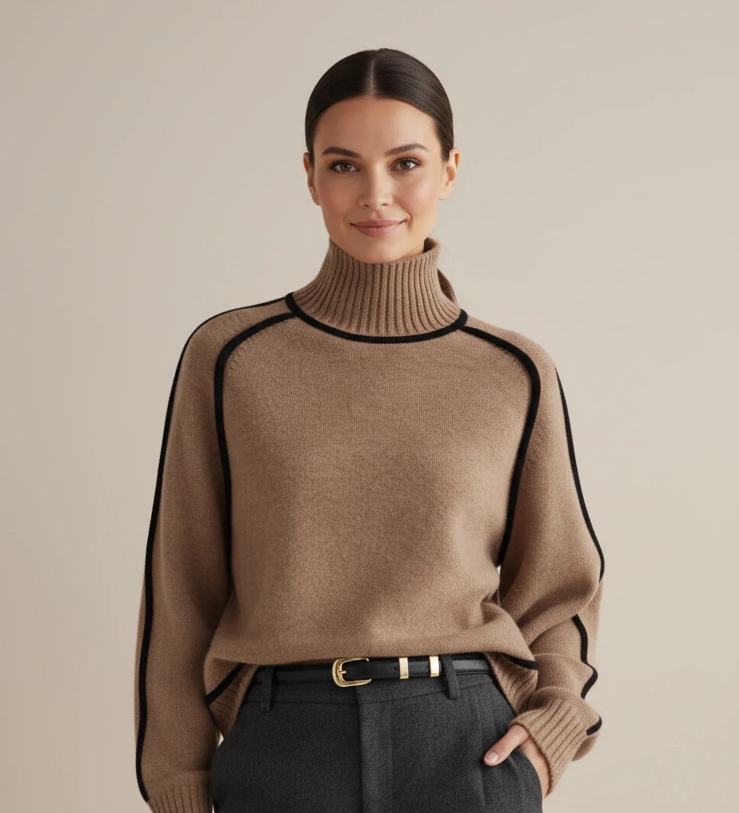 Soft Pastel Women's Turtleneck Jumper with Color Trim - VibreMode