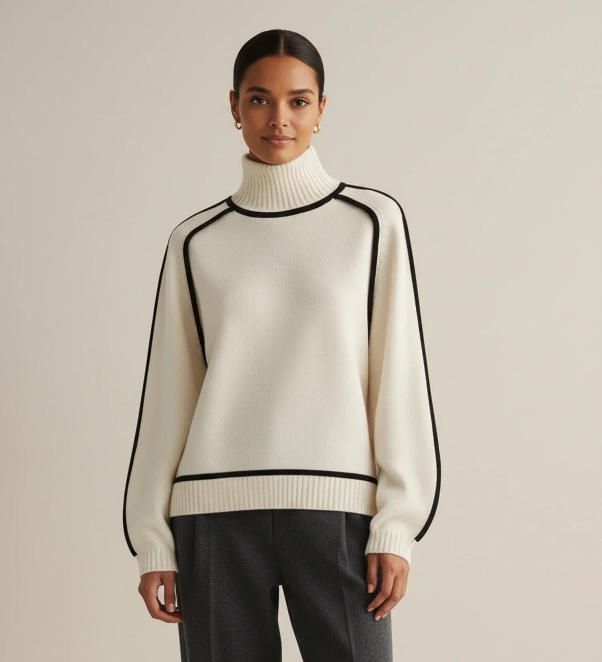 Soft Pastel Women's Turtleneck Jumper with Color Trim