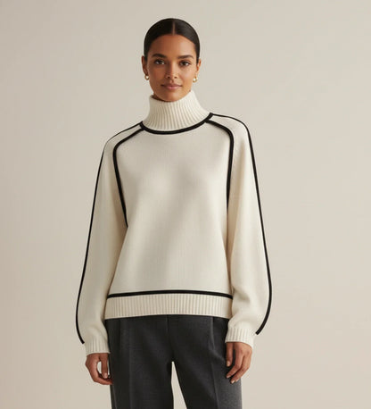 Soft Pastel Women's Turtleneck Jumper with Color Trim