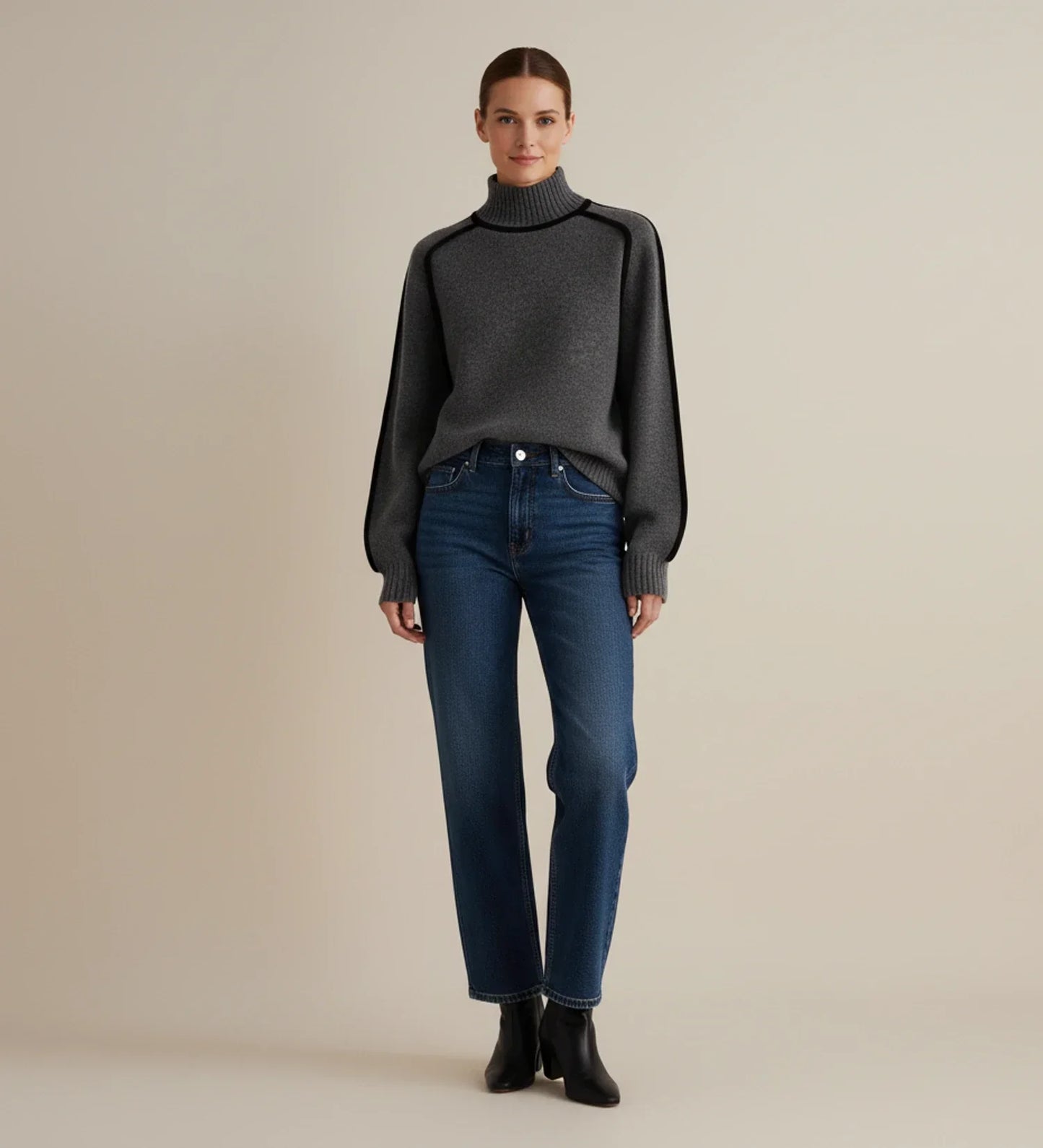 Soft Pastel Women's Turtleneck Jumper with Color Trim