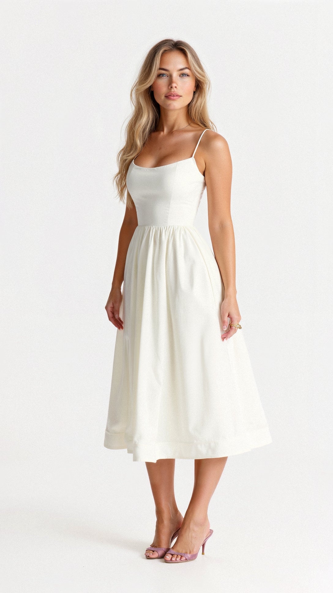Women's Midi A-Line Dress Woven Spaghetti Straps Scoop Neck - VibreMode