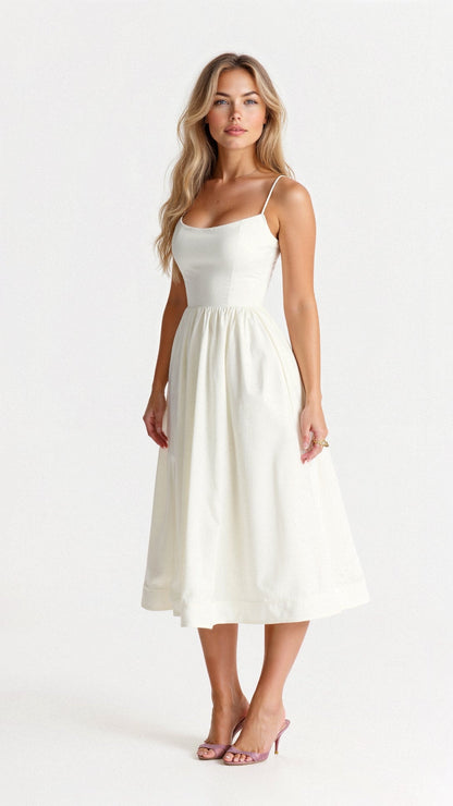 Women's Midi A-Line Dress Woven Spaghetti Straps Scoop Neck - VibreMode