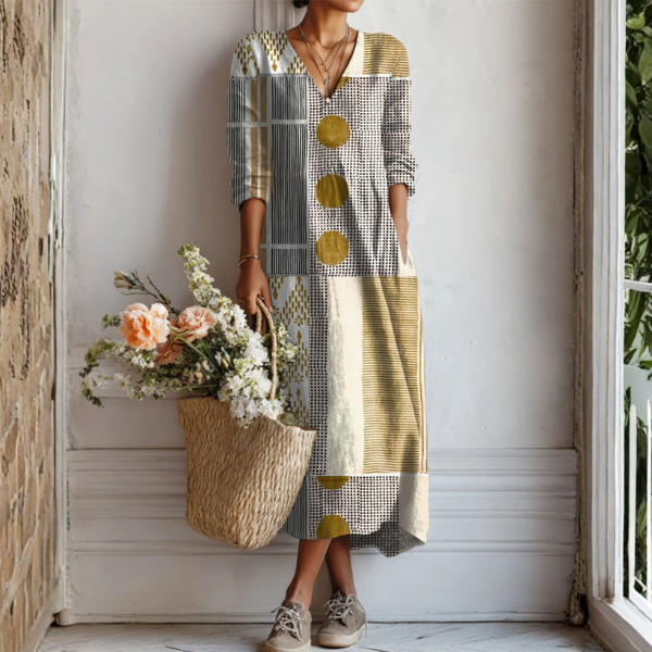 Women's Linen Maxi Dress V Neck with Pockets - VibreMode