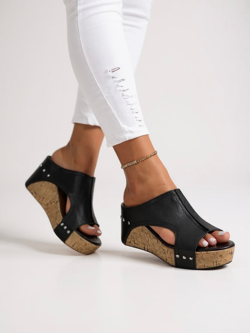 Women's Faux Cork Wedge Sandals with Studs - VibreMode