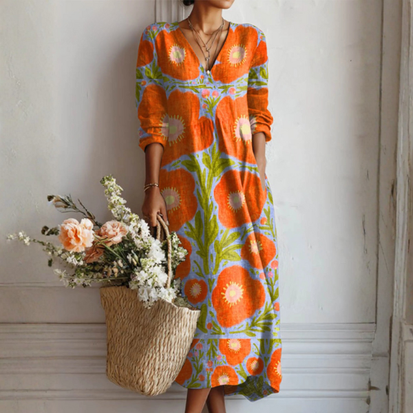 Women's Linen Maxi Dress V-Neck Pockets - VibreMode