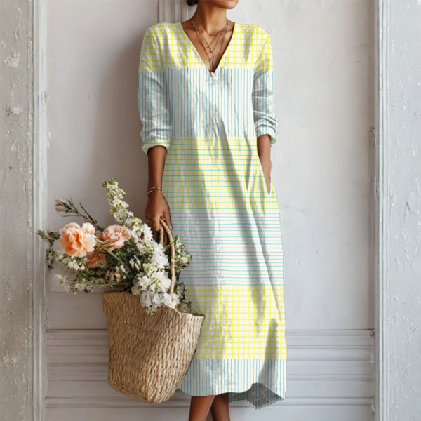 Women's Linen Midi Dress V Neck with Pockets - VibreMode