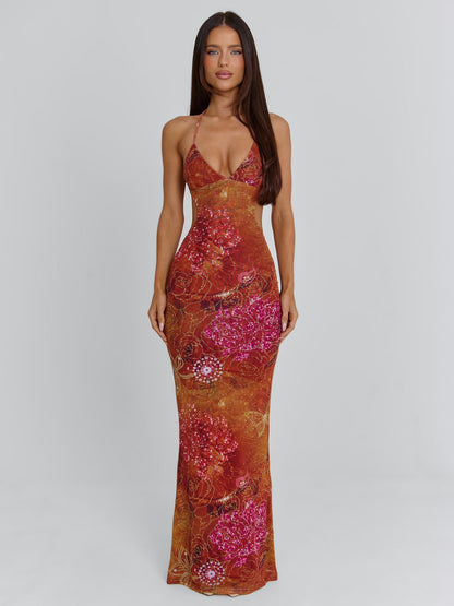 Women's Mesh Maxi Dress Crystal Embellished Halter Backless - VibreMode