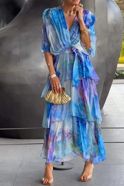 Women's Floral Maxi Dress V Neck Tiered Skirt - VibreMode