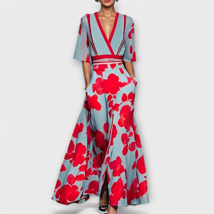 Women's Maxi Dress Floral Woven V Neck Sash Waist - VibreMode