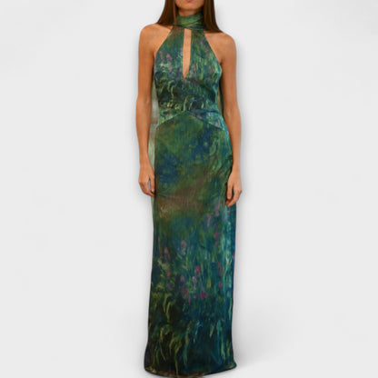 Women's Chiffon Maxi Dress High Neck Keyhole - VibreMode