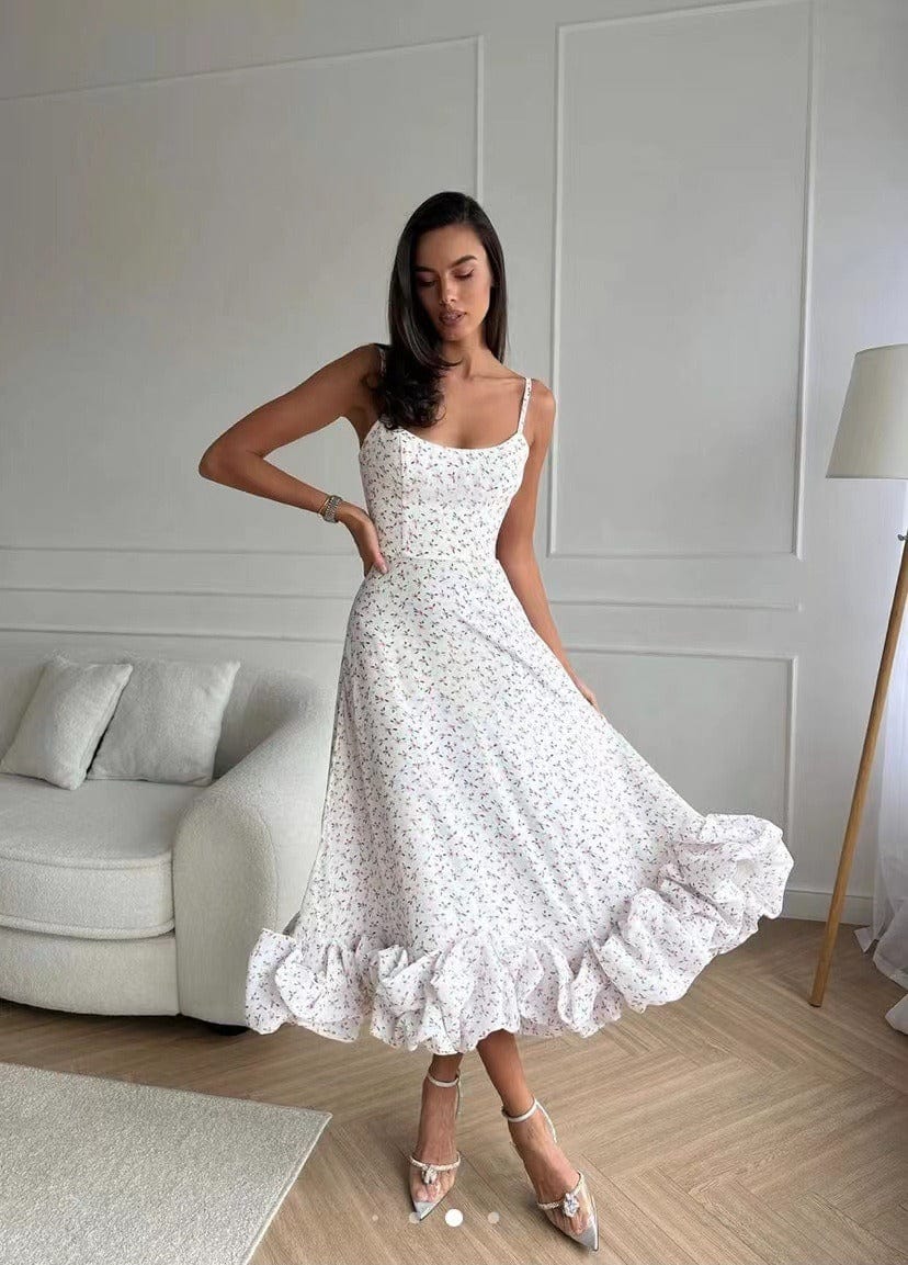 Women's Woven Midi Dress Thin Straps Ruffle Hem - VibreMode