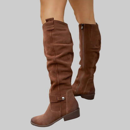 Women's Knee-High Faux Suede Boots Block Heel Side Zipper - VibreMode