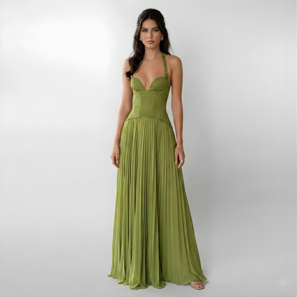 Women's Lace Maxi Dress Pleated Halter Neck - VibreMode