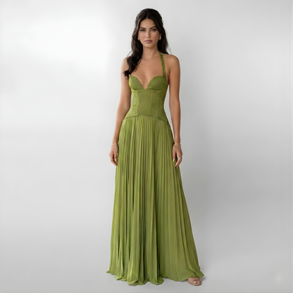 Women's Lace Maxi Dress Pleated Halter Neck - VibreMode