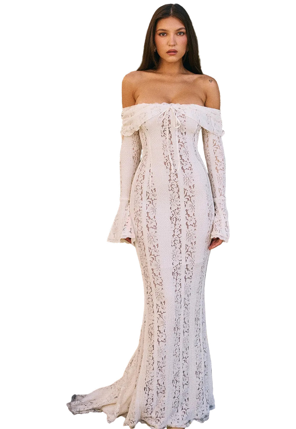 Women's Lace Maxi Dress Off-Shoulder Bell Sleeves - VibreMode