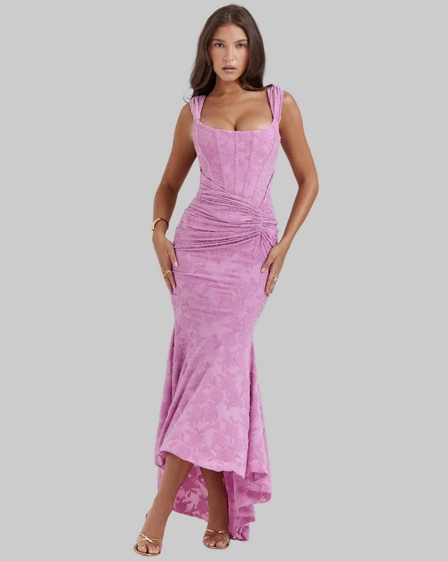 Women's Lace Maxi Dress Square Neck Ruched Hip - VibreMode