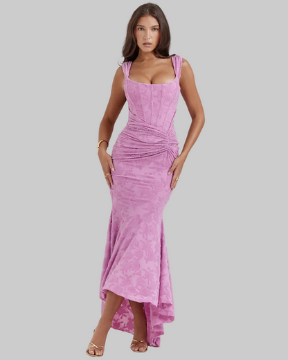 Women's Lace Maxi Dress Square Neck Ruched Hip - VibreMode