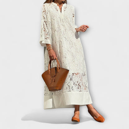 Women's Lace Midi Dress Split Neck Wide Sleeves - VibreMode