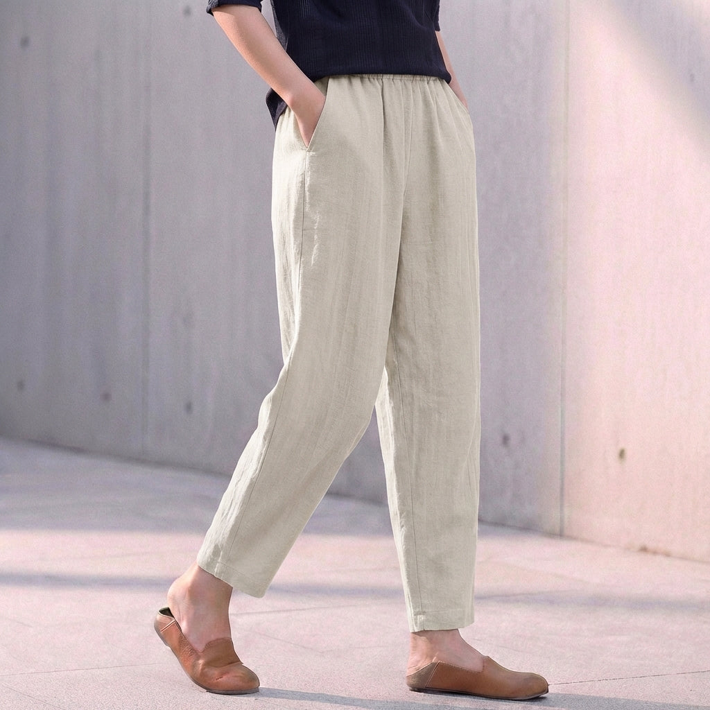 Women's Linen Pants Elastic Waist Side Pockets - VibreMode